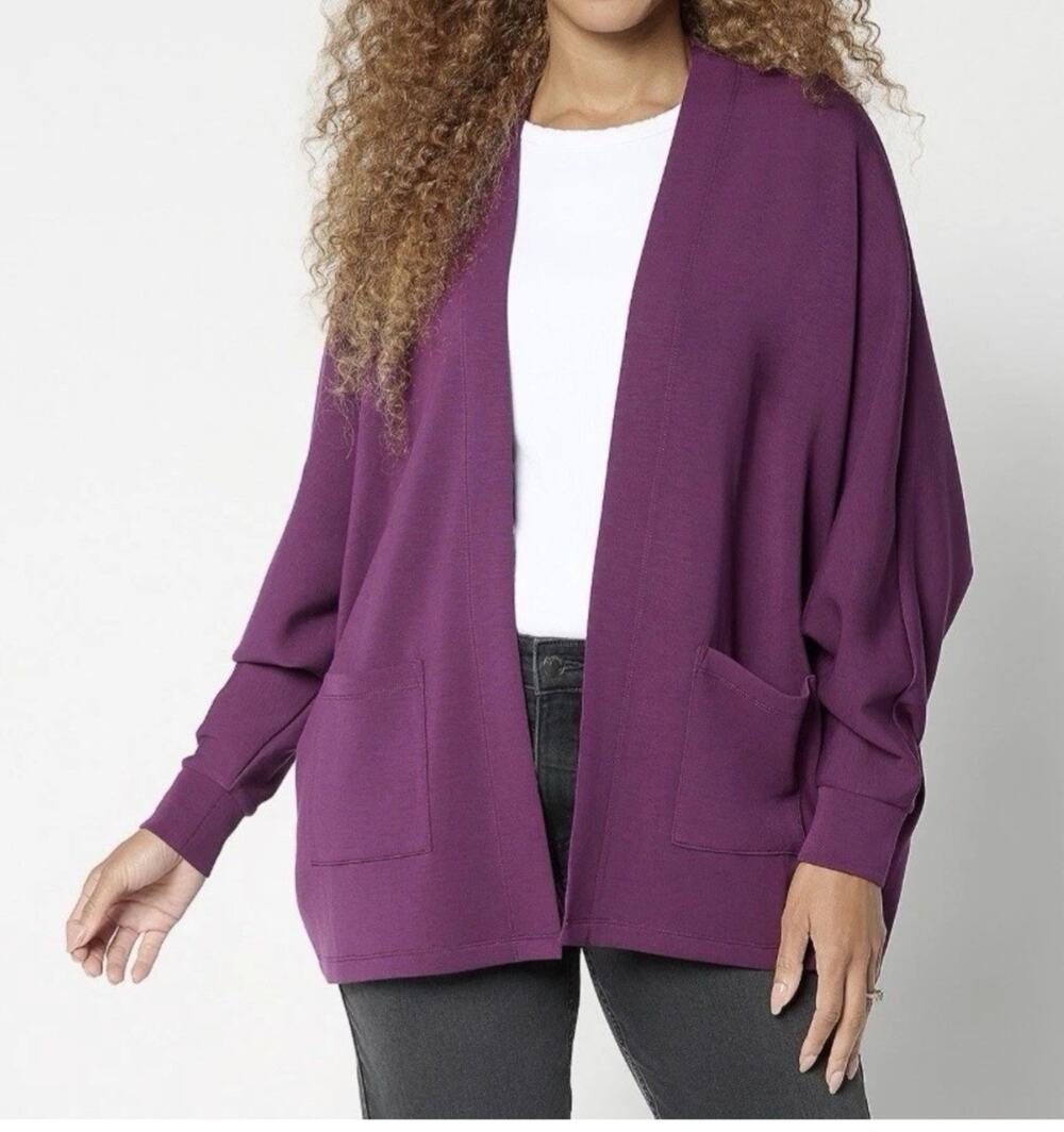 Belle Kim Gravel Medium Purple Fig ScubaLuxe Bat Wing Cardigan A703691 NWOT